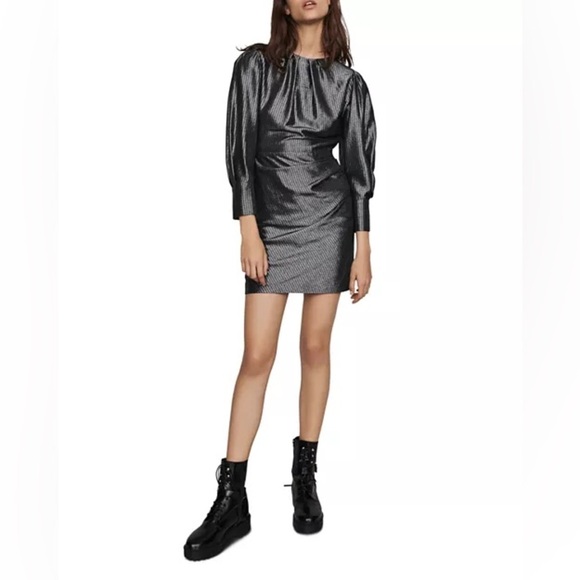 Maje Ralery Striped Metallic Mini Dress in Argent Silver EU Size 36 / US Small - Picture 2 of 16